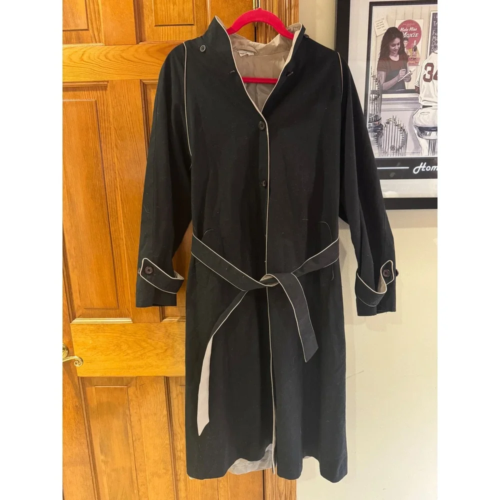 Foxland Belted Trench Coat Black Contrast Piping Long‎ Jacket Womens Lightweight